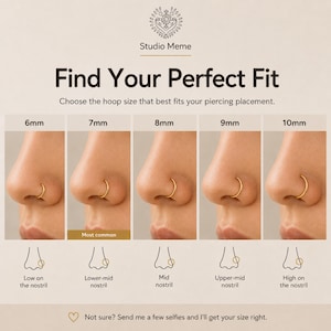 The image is a visual guide that shows different hoop sizes and their corresponding nose ring placements, helping users determine the best hoop size for their piercing.
