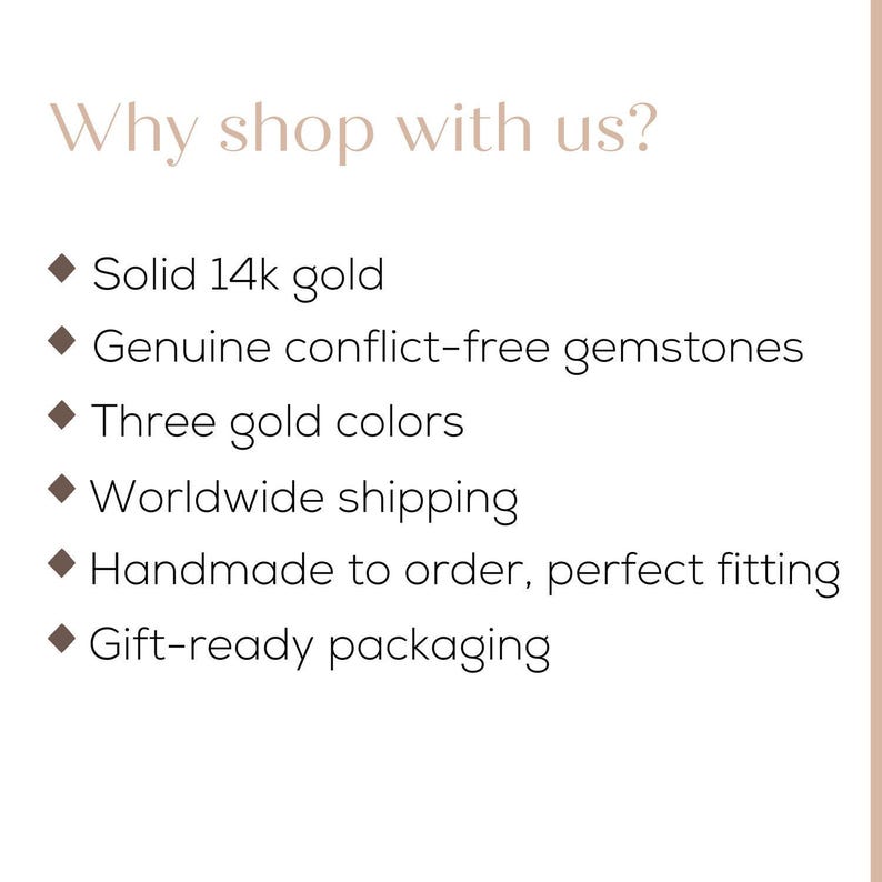 a list of reasons why someone might choose to shop with a particular business, including the quality of 14k gold, conflict-free gemstones, three gold colors, worldwide shipping, handmade to order, and gift-ready packaging.