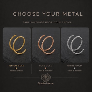 three different types of metal hoop earrings, each with a unique color and design, along with a caption describing the differences between them.