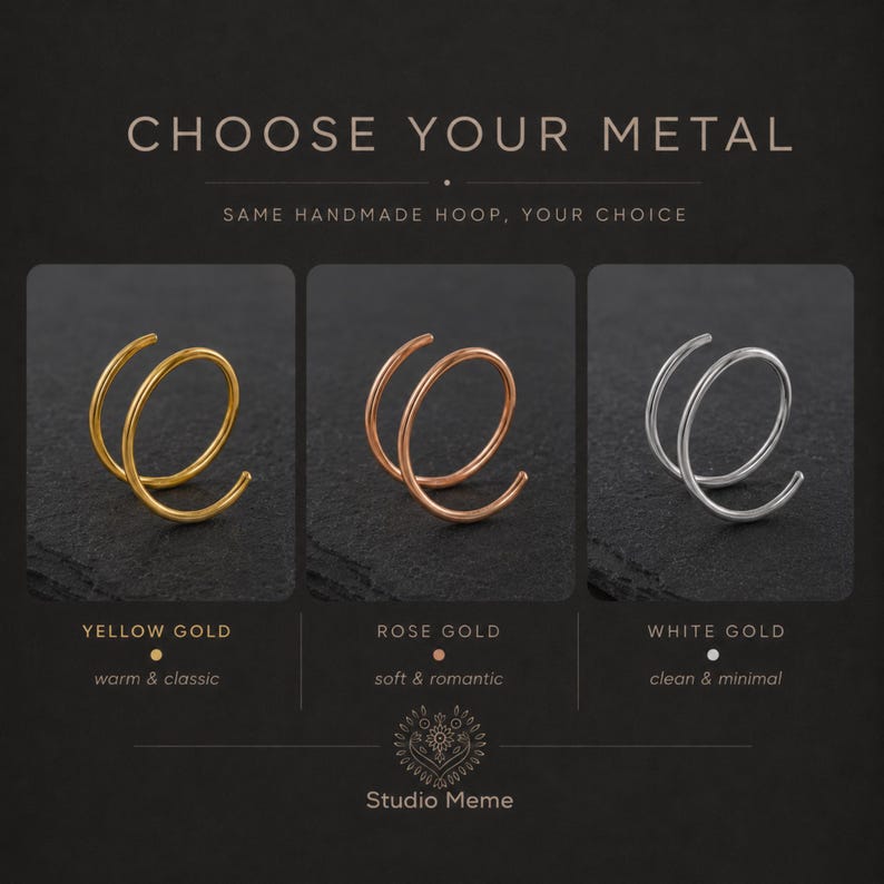 three different types of metal hoop earrings, each with a unique color and design, along with a caption describing the differences between them.