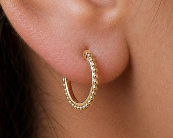 Small 14k Gold Hoop Earrings - 12mm Solid Gold Beaded Mini Hoops