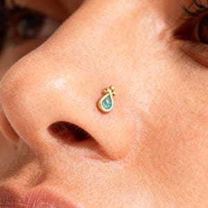 Boho Nose Stud - Solid 14k Yellow Gold with Turquise Enamel
