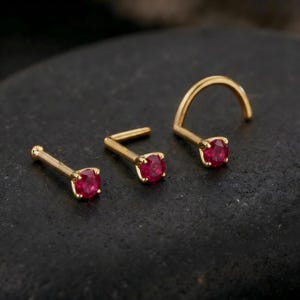 ルビーノーズスタッド、天然石、純金（14k、18k、22k、1.5-4 mm）
