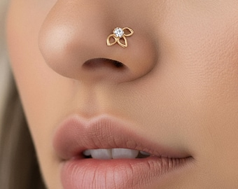 Lotus Nose Stud: 14k Gold, Genuine Diamond - Yellow, Rose, White