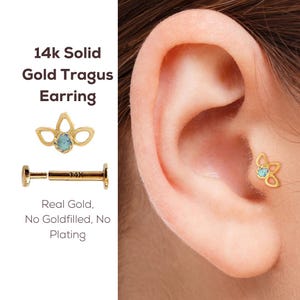 Gold Tragus Earring, Solid Gold Tragus, Real Gold Tragus, Gold Lotus Piercing Jewelry, Flower Labret, 14k Threaded Stud, 16g Tragus Stud