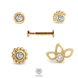 Diamond Tragus Earring - Internally Threaded Flat Screw Back Solid 14k Gold 16 Gauge Tragus & Helix Stud w/ Genuine 2mm VS1 Diamond