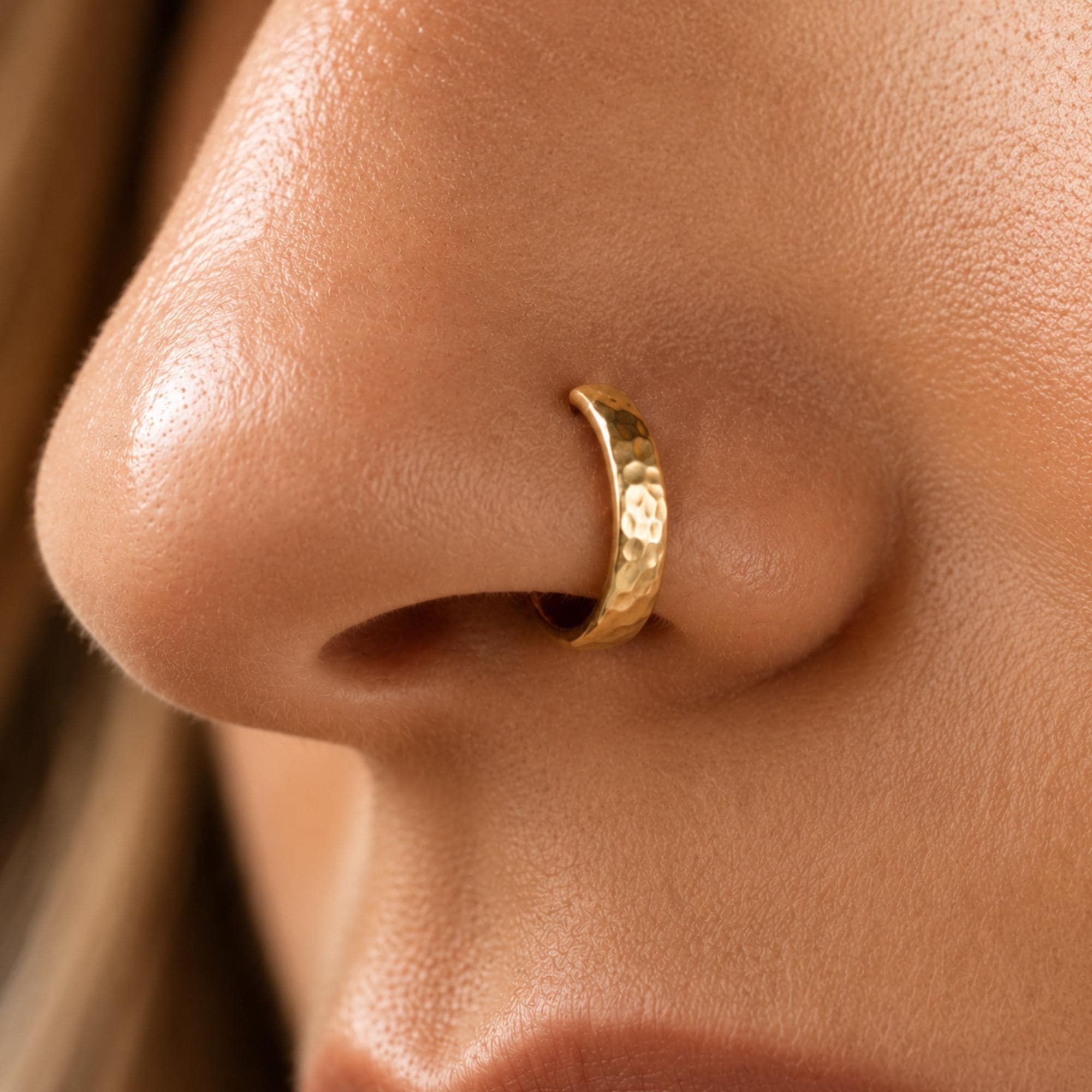 Hammered 14k Gold Nose Hoop (Yellow, Rose, White - Multiple Sizes)
