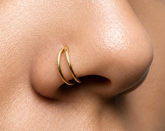 Double Hoop Nose Ring for Single Piercing, Solid 14k Gold, Double Nose Hoop, Delicate Nose Ring, 6-10mm