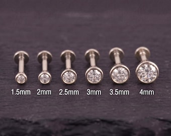 Genuine Diamond Nose Stud, 14K Solid White Gold Bezel, 18G Flat Back Labret, 1.5–4mm Natural Gemstone Screw