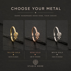 The image is a promotional graphic for a jewelry store, showcasing three different nose rings with varying designs and colors.