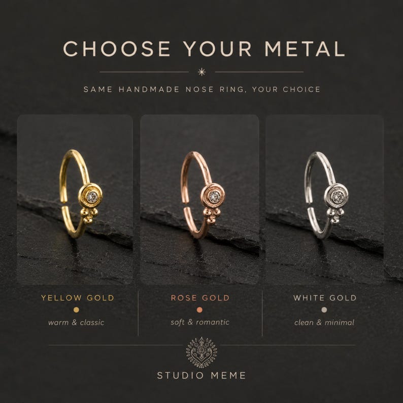 The image is a promotional graphic for a jewelry store, showcasing three different nose rings with varying designs and colors.