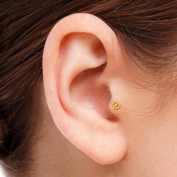 Diamond Heart Tragus Piercing 14K Solid Gold Helix Flat Back 