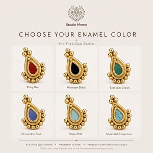 The image is a collage of six images showcasing different enamel colors for a kilt-fired glass enamel. The enamel colors include Ruby Red, Midnight Black, Sea Foam Green, Periwinkle Blue, Aqua Mist, and Speckled Turquoise. Each color is represented by a gold teardrop-shaped design, and the text provides information about the color options and the handmade nature of the enamel.