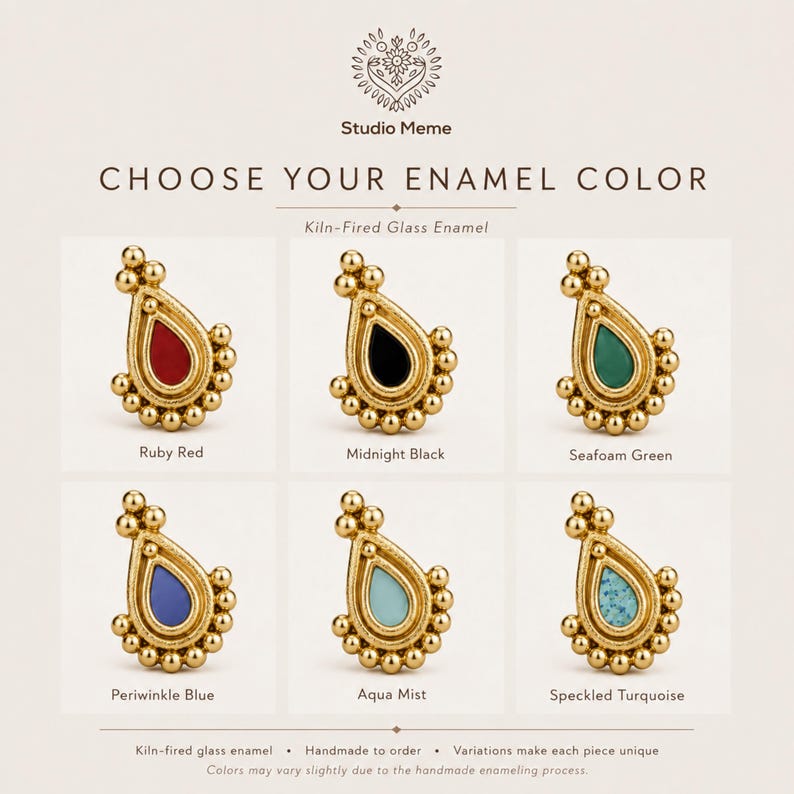The image is a collage of six images showcasing different enamel colors for a kilt-fired glass enamel. The enamel colors include Ruby Red, Midnight Black, Sea Foam Green, Periwinkle Blue, Aqua Mist, and Speckled Turquoise. Each color is represented by a gold teardrop-shaped design, and the text provides information about the color options and the handmade nature of the enamel.