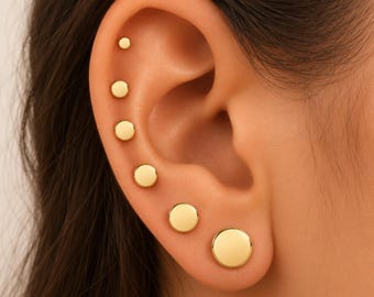 Gold Disc Earrings - Flat Disk Studs - Second Hole Earrings - Solid 14k or 18k Minimalist Studs