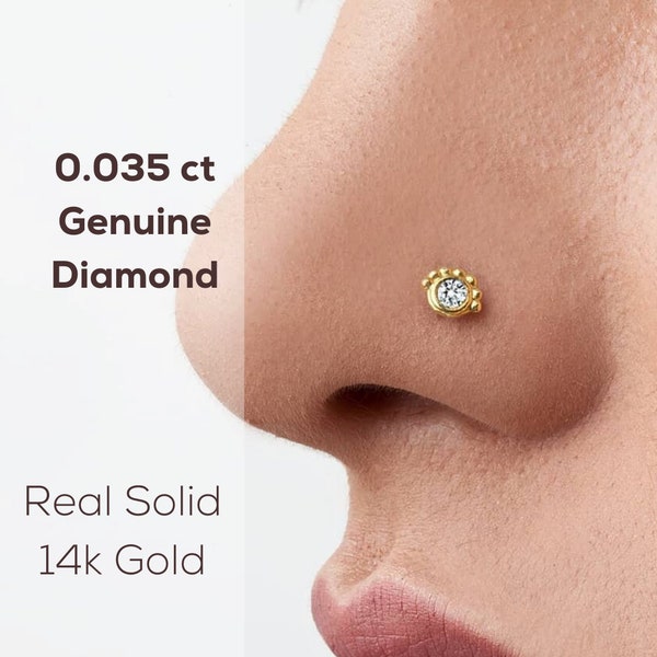 Diamond Nose Stud: 0.03 ct Diamond in a Unique Solid 14k Gold Nostril Piercing Jewelry SKU15