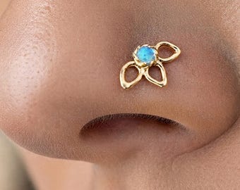 Gold Lotus Nose Stud, 14k Gold Nose Stud, Nose Piercing Jewelry, Flower Nose Ring, Gold Nose Piercing, Turquoise Nose Ring 14k Gold Nose Pin