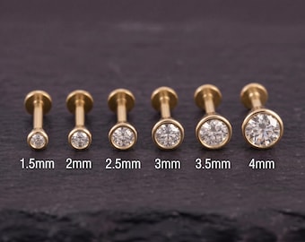 Genuine Diamond Nose Stud, 14K Solid Gold Bezel, 18G Flat Back Labret, Natural Diamond 1.5–4mm