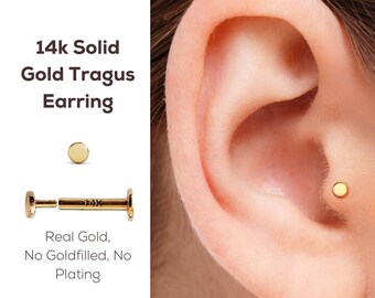 14k Solid Gold Tragus Earring, Tiny Tragus Earring, Flat Back