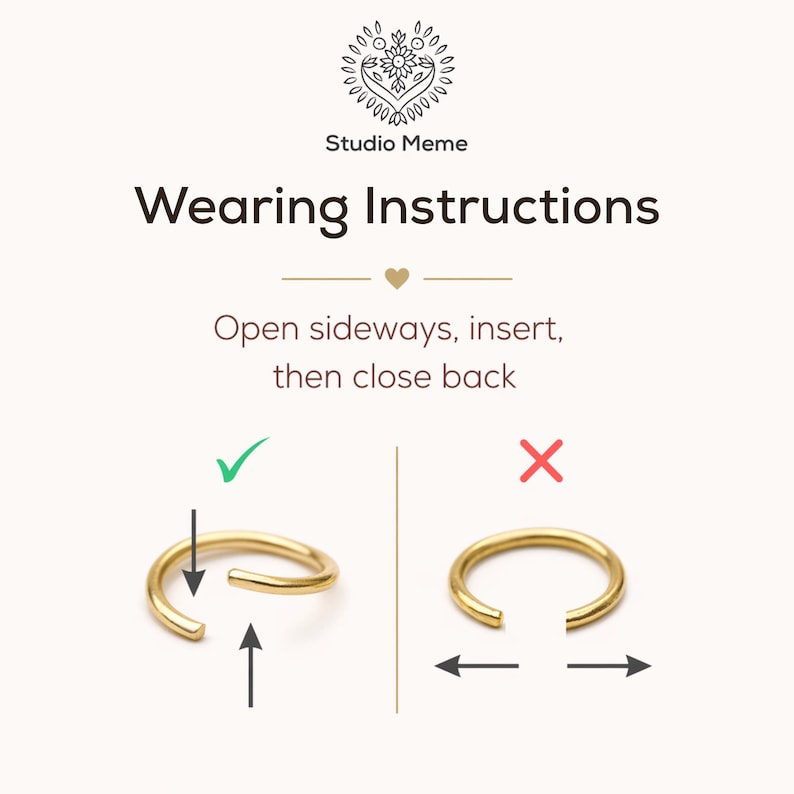 instructions for wearing a gold ring, with two images showing the ring on a finger with and without the ring on it.