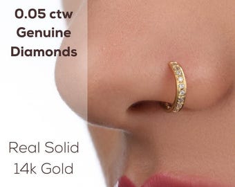 Anillo de diamantes para la nariz, aro de oro de 14 k (16 diamantes auténticos, varios tamaños)