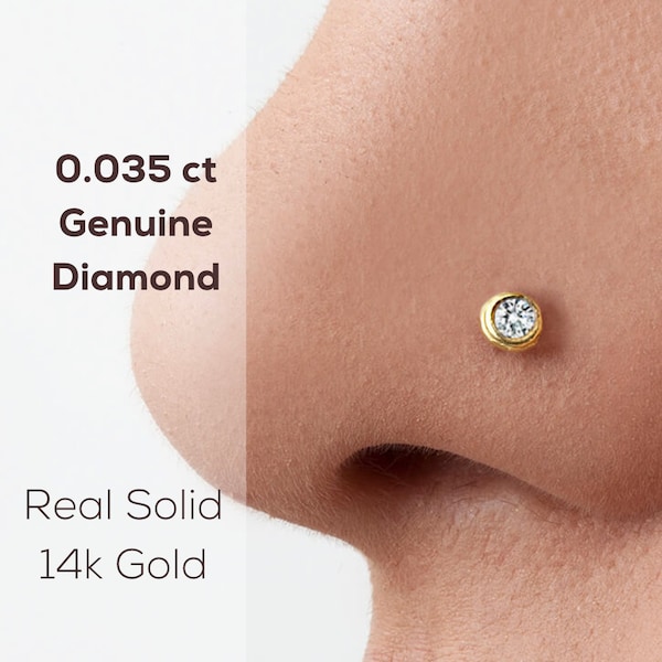 Diamond Nose Stud, Diamond Nose Ring, 2mm Diamond Nose Ring, 14k Gold Nose Ring, Genuine Diamond Nose Ring, Small Diamond Nose Stud, SKU 184