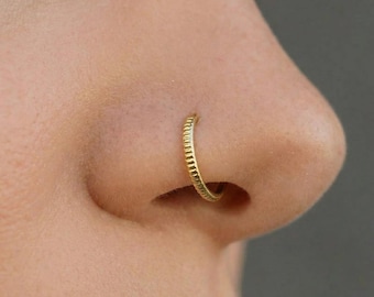Gold Nose Ring Hoop - Solid 14k Yellow, Coin Edge Detail