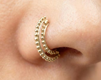 Indian Nose Hoop: Tribal Design - Solid 14K Yellow Gold