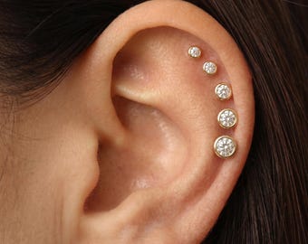 Natural Diamond Helix Earring · 14K Gold Flat Back Stud · Bezel Diamond Tragus Earring · Cartilage Piercing Jewelry · Tiny Diamond Labret