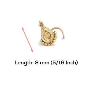 A gold nose stud with a decorative design, accompanied by a measurement indicating its length is 8 millimeters (5/16 inch).