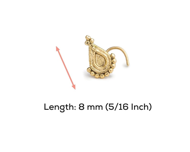 A gold nose stud with a decorative design, accompanied by a measurement indicating its length is 8 millimeters (5/16 inch).