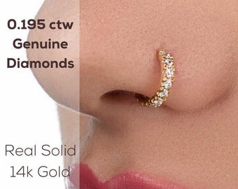 Diamond Nose Hoop, 14k Gold (13 Genuine Diamonds, Multiple Sizes)