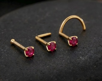 Ruby Nose Stud, Natural Stone, Solid Gold (14k, 18k, 22k, 1.5-4mm)