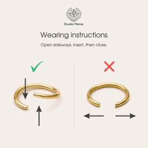 The image is a visual guide for wearing a gold ring, showing the steps of opening sideways, inserting the ring, and closing it.