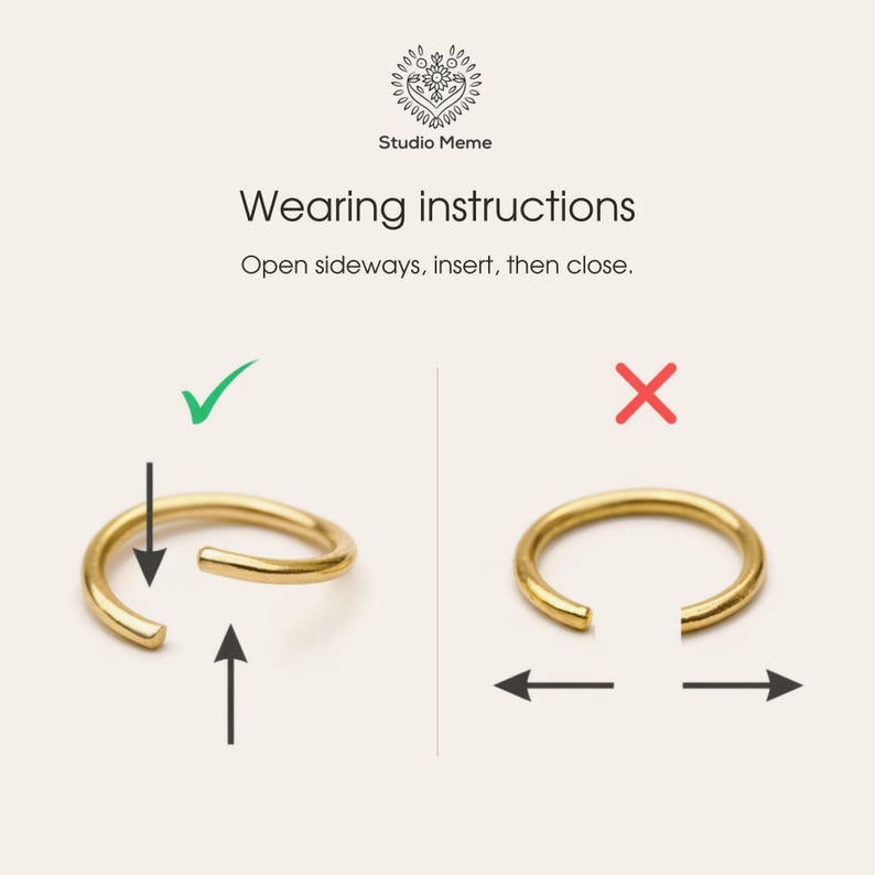 The image is a visual guide for wearing a gold ring, showing the steps of opening sideways, inserting the ring, and closing it.