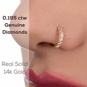 Diamond Nose Hoop, 14k Gold (13 Genuine Diamonds, Multiple Sizes)