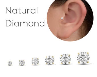 Natural Diamond Tragus Earring 14k Gold | Genuine Earth-Mined Flat Back Stud | Helix Cartilage Conch Piercing, Internally Threaded