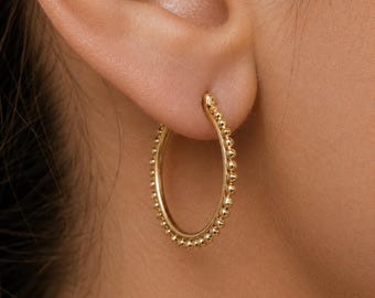 Boho 14k Gold Hoop Earrings, Beaded Detail (17mm Diameter)