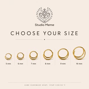 a series of gold hoop earrings in various sizes, ranging from 5 mm to 10 mm, with the text "Choose Your Size" above the hoop sizes.