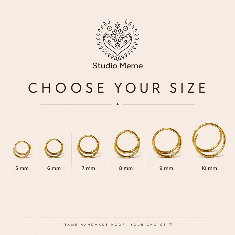 a series of gold hoop earrings in various sizes, ranging from 5 mm to 10 mm, with the text "Choose Your Size" above the hoop sizes.