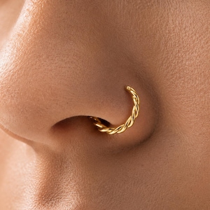 Braided Solid Gold Nose Ring (14k Yellow, Handmade, Small Hoop)