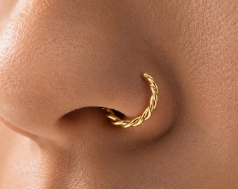Anillo nasal trenzado de oro macizo (14k amarillo, hecho a mano, aro pequeño)