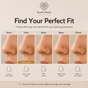 The image is a visual guide that shows different hoop sizes and their corresponding nose ring placements, helping users determine the best hoop size for their piercing.