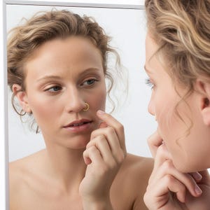 A woman with curly hair is seen in front of a mirror, examining her nose with her finger.