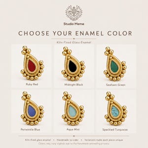 The image is a collage of six images showcasing different enamel colors for a kilt-fired glass enamel. The enamel colors include Ruby Red, Midnight Black, Sea Foam Green, Periwinkle Blue, Aqua Mist, and Speckled Turquoise. Each color is represented by a gold teardrop-shaped design, and the text provides information about the color options and the handmade nature of the enamel.