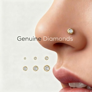 May include: A close-up of a nose with a gold nose stud with a clear diamond. The image also shows several other gold nose studs with clear diamonds. The text "Genuine Diamonds" is displayed in black.