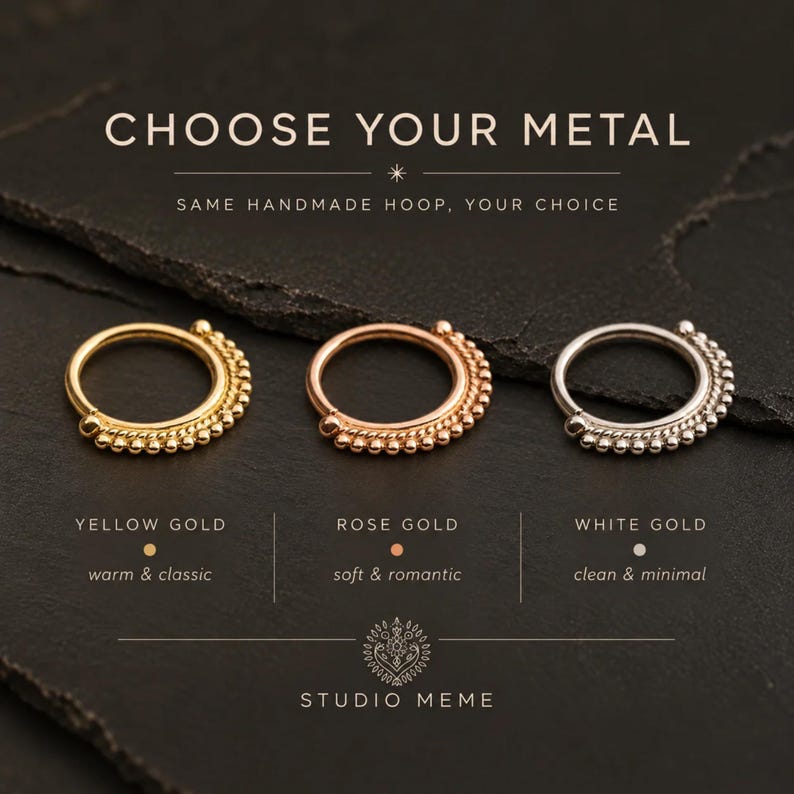three different types of metal hoop earrings, each with a unique color and design, arranged on a dark background.