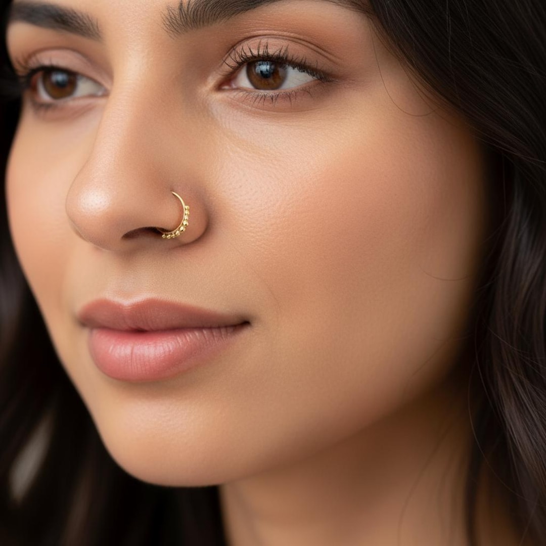 Beaded Gold Nose Ring Handmade Solid 14k Hoop