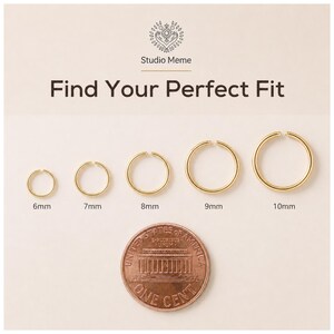 a series of gold hoop earrings in various sizes, ranging from 6mm to 10mm, with a penny as a reference for the size of the largest hoop.
