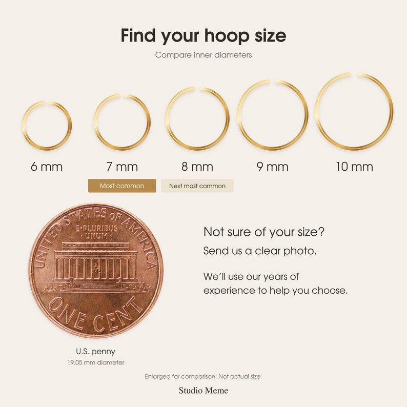 The image is a comparison of hoop sizes, with a penny as a reference for the size of the hoop. The penny is labeled as a U.S. penny with a 19.05-mm diameter. The image includes text that provides information about comparing hoop sizes, such as the most common hoop size and the next most common hoop size. The image also includes a note that the hoop size is not actual and is for comparison purposes.